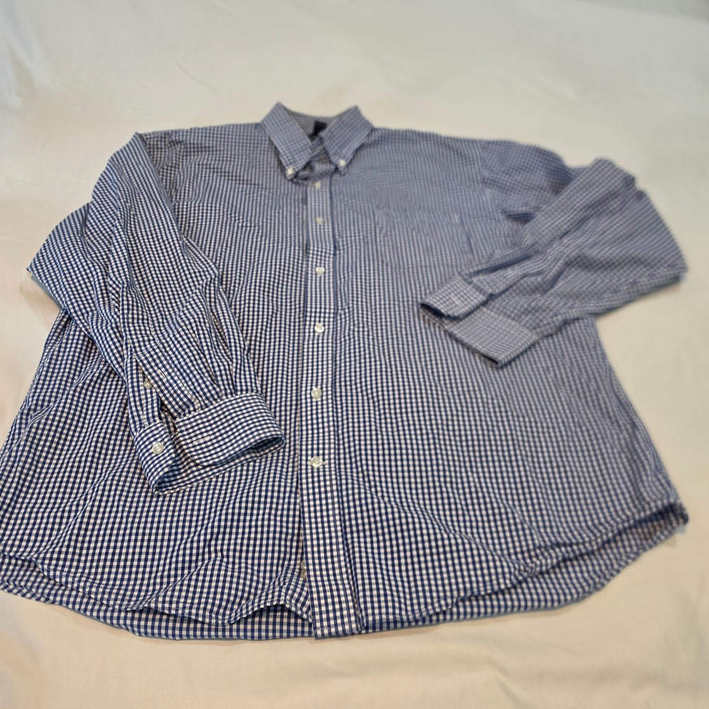 Lands End Button Down Mens 17-35 Blue Excellent Gingham Traditional Fit